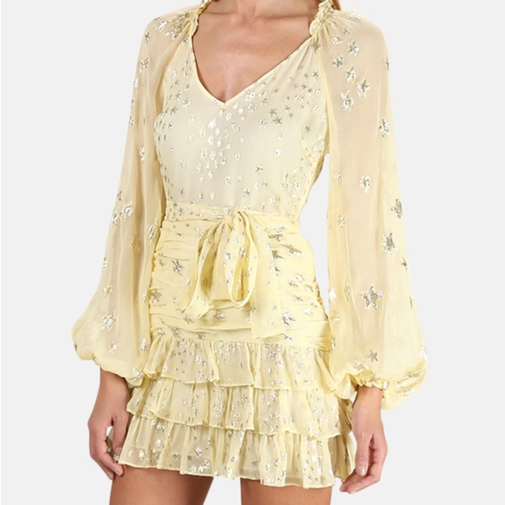 LoveShackFancy Rina mini dress yellow metallic stars size